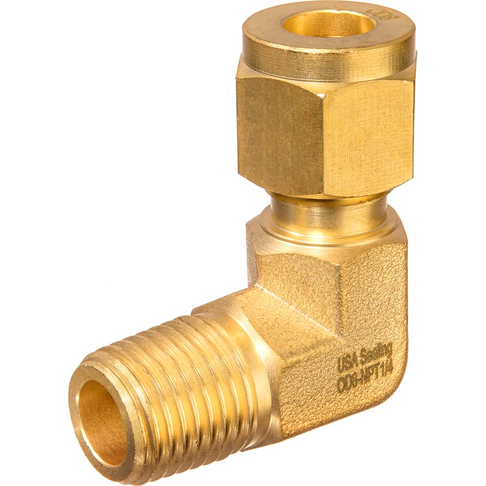 USA Sealing | USA Industrials Compression Tube Male Elbow: 1/4, 3/8" Tube ID, 15/32" Tube OD, Tube OD × MMNPT - Standard Brass, ASME B31.3 | Part