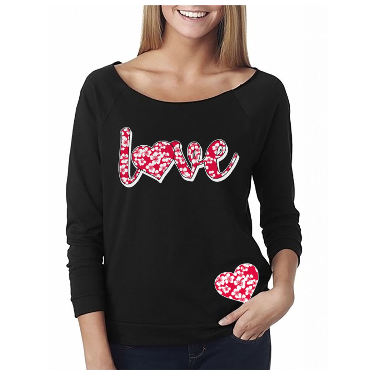 Women's Valentine's Day Shirts - Off The Shoulder - Hibiscus Love - Black / XL