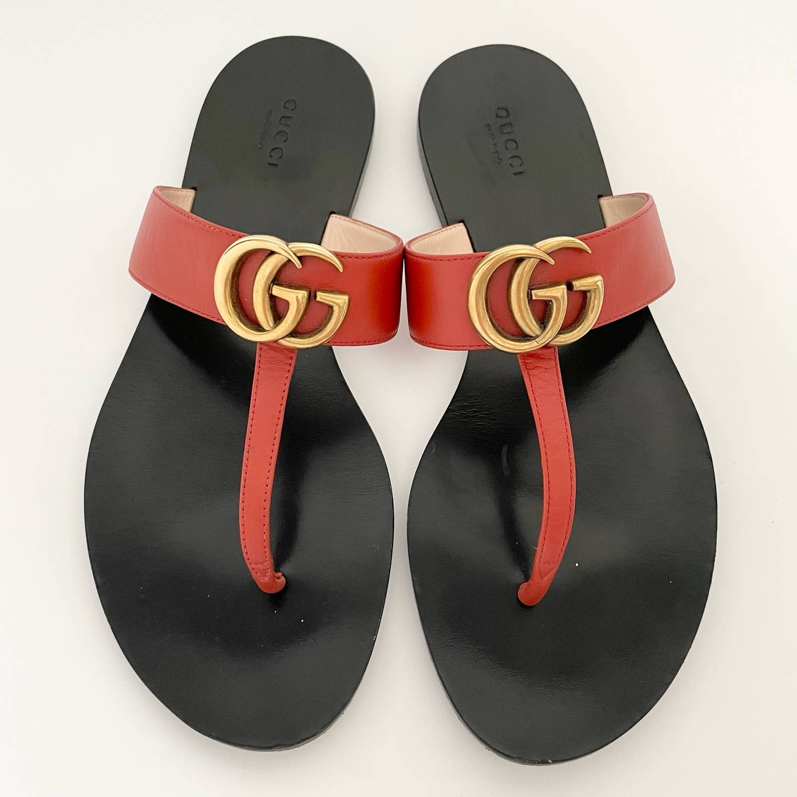 Gucci Gg Marmont Double G Leather Thong Sandal Shoes Orange Size 38.5 Us 8.5