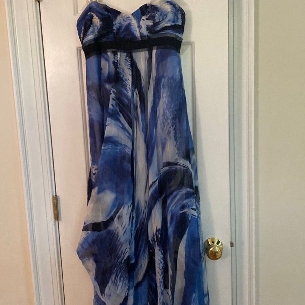 Patterned Long Strapless Lined Gown, Size 4
