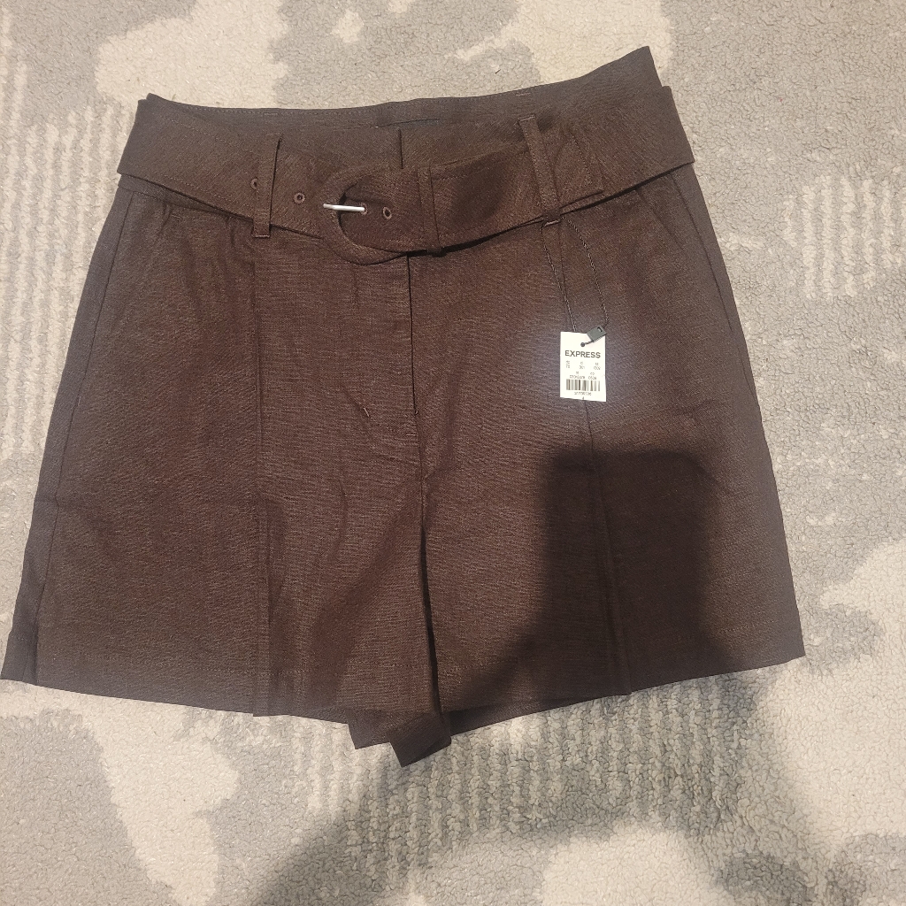 Express High Waisted Linen Shorts With Belt Espresso Brown 4