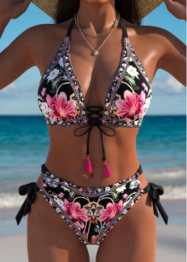 Modlily Mid Waisted Floral Print Black Bikini Set - M