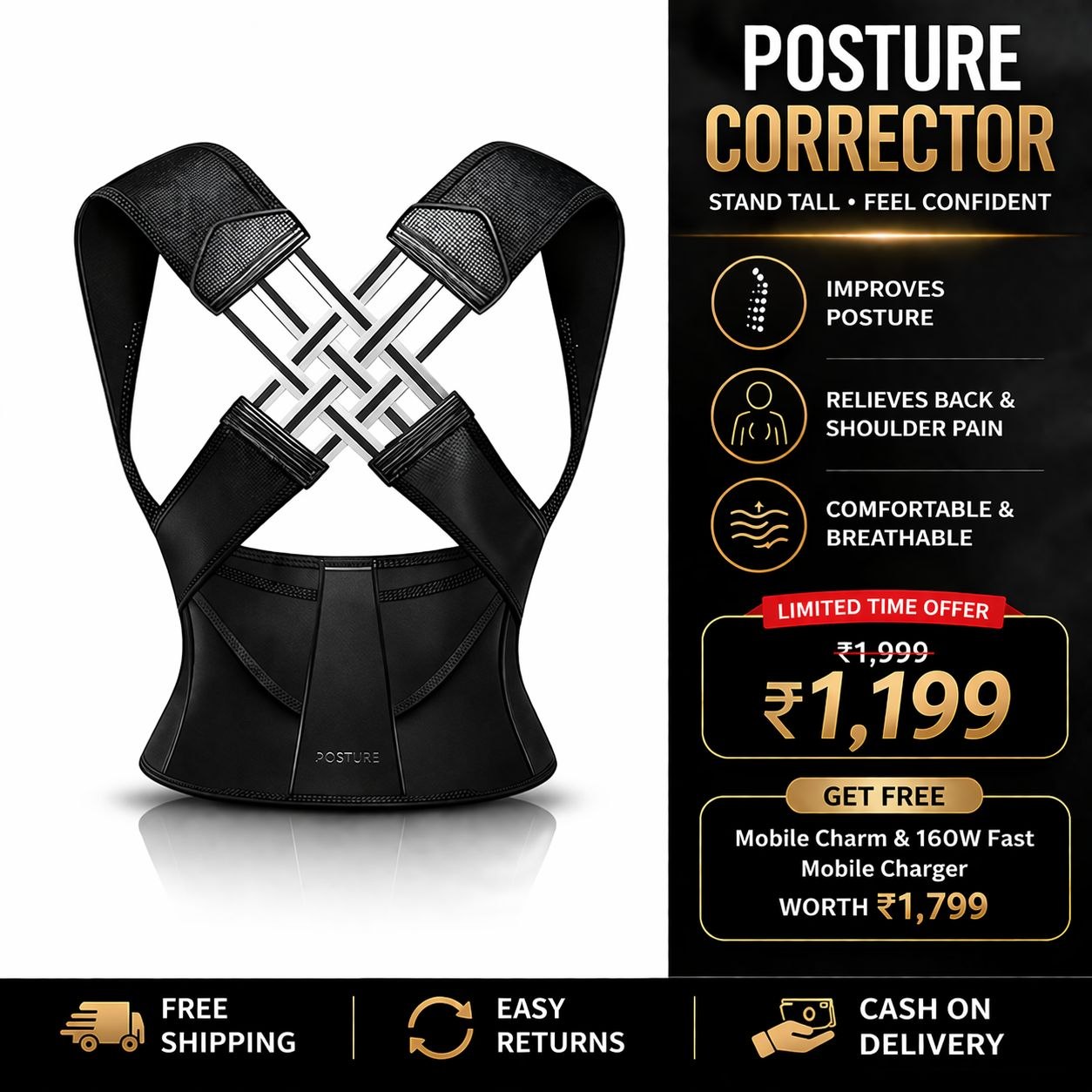 Adjustable Back Posture Corrector/ Slouching Relieve Pain Belt Women & Men (Get Free Mobile Charm) + (Get Free 160w Fast Charger Worth Rs.1799)